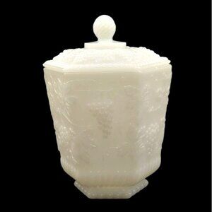 Vintage Anchor Hocking Fire King Milk Glass Harvest Grape Cookie Jar Canister